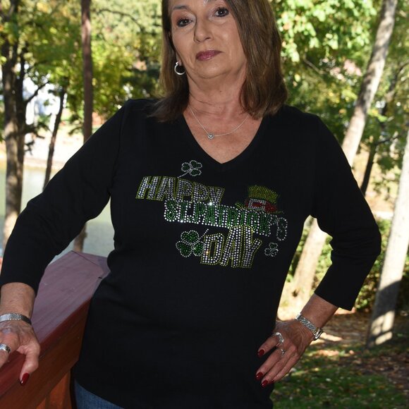 St. Patrick's rhinestone black long sleeve shirt XS S M L XL XXL 1X 2X 3X 4X 5 - Picture 3 of 7